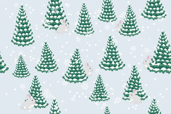 冬の森 漫画クリスマスツリー ウサギと雪 シームレスなベクトルパターン — ストックベクタ
