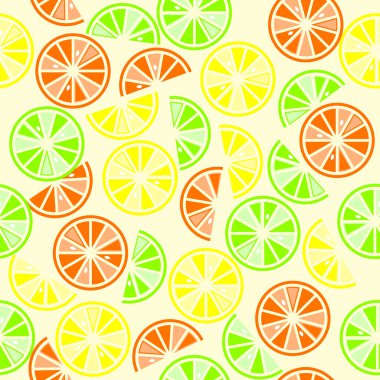 Sarı, yeşil ve turuncu turunçgil dilimleri, kusursuz vektör deseni