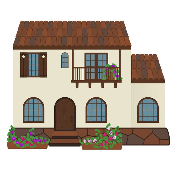 Haus Mit Ziegeldach Und Gitterfenstern Vektorbild Auf Weißem Hintergrund — Stockvektor