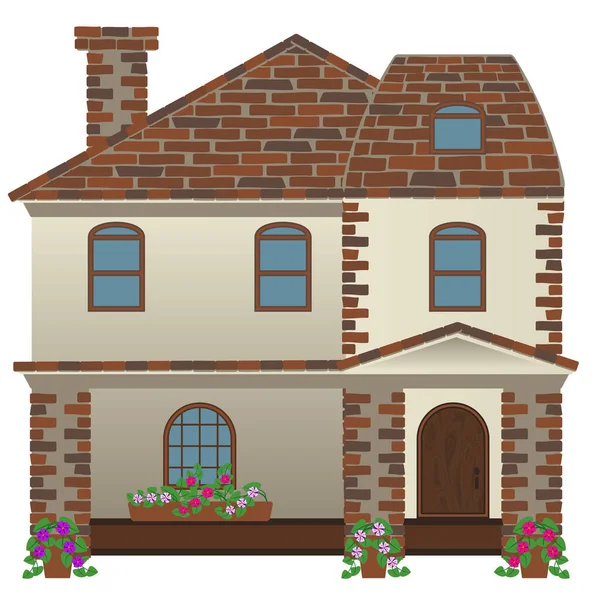 Ház Cseréptetővel Rácsos Ablakokkal Vektorkép Fehér Alapon — Stock Vector