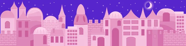 Antik Bir Doğu Şehri Gece Panoramasının Binaları Duvarları Kuleleri — Stok Vektör