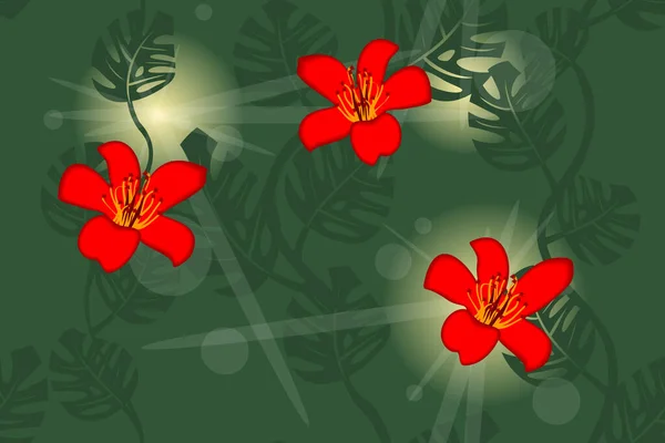 Красные Цветы Джунглях Лучах Света Бесшовный Векторный Узор — стоковый вектор