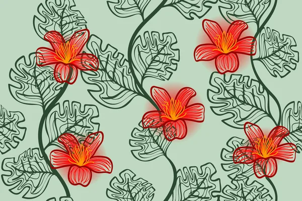 Blätter Und Rote Blumen Imitation Handzeichnung Nahtlose Vektormuster — Stockvektor
