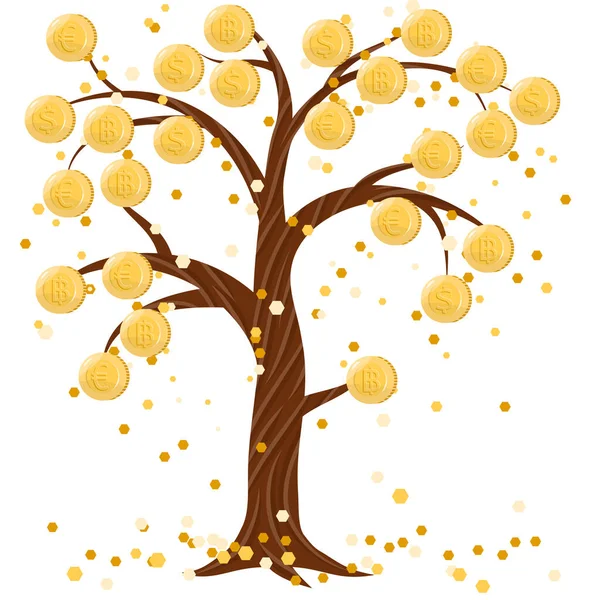 Árvore Isolada Com Moedas Ouro Dólares Euros Bitcoins Vez Folhas — Vetor de Stock