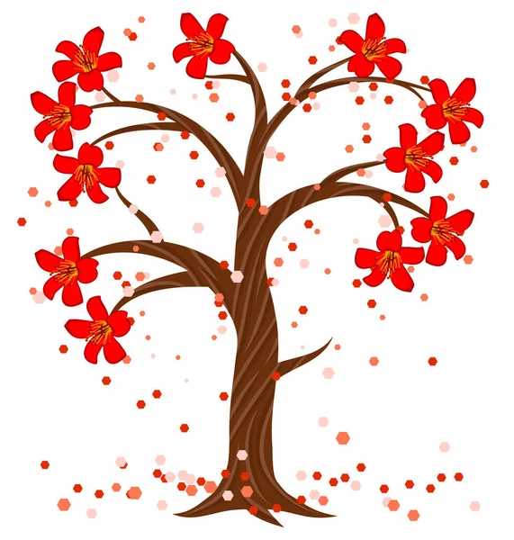 Arbre Isolé Avec Grandes Fleurs Rouges Bomax Sur Fond Blanc — Image vectorielle