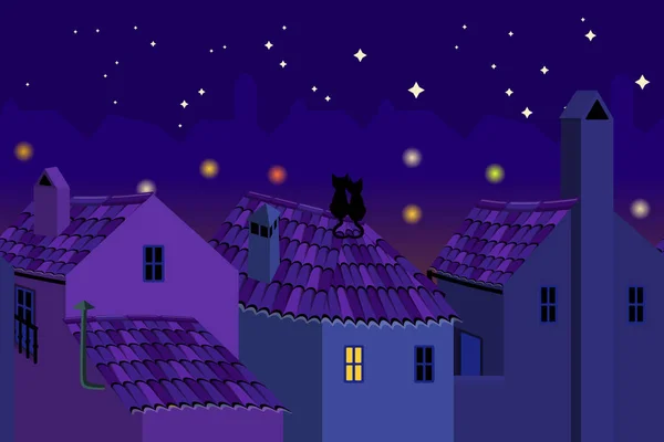 Δύο Γάτες Στην Οροφή Κοιτάζοντας Διάνυσμα Της Πόλης Νύχτα Εικονογράφηση — Διανυσματικό Αρχείο