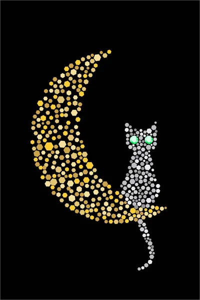 Silberne Katze Mit Smaragdgrünen Augen Auf Einem Goldenen Mondvektorbild — Stockvektor