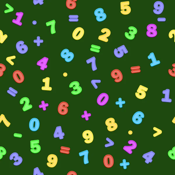 Patrón Vectorial Inconsútil Números Multicolores Signos Aritméticos Sobre Fondo Verde — Vector de stock