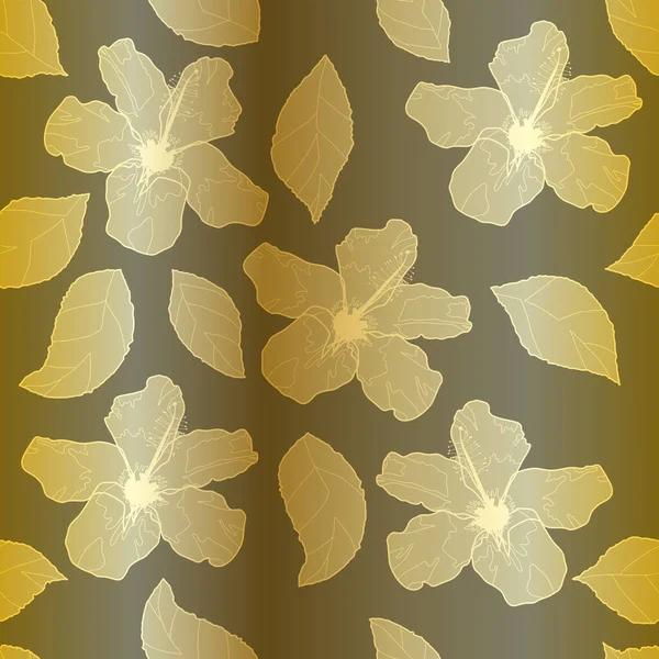 Goldene Hibiskusblüten Und Blätter Auf Schwarzem Hintergrund Nahtloses Vektormuster — Stockvektor