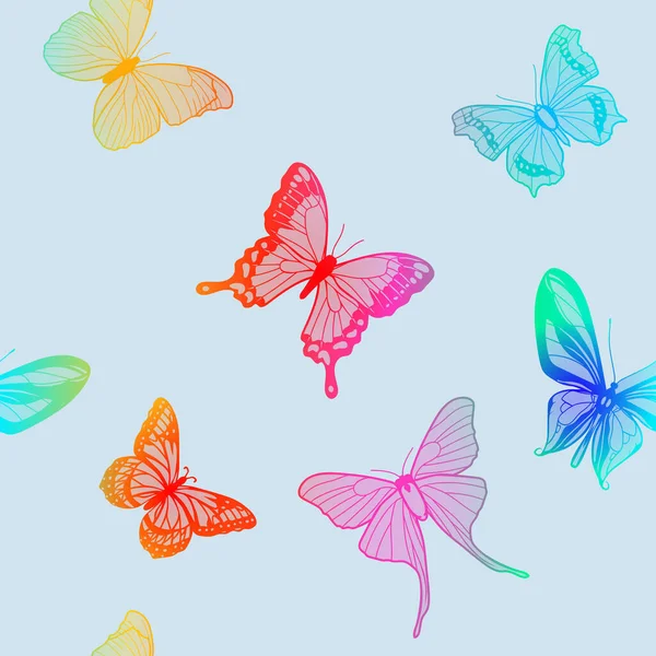파란색 배경에 무지개 빛깔을 무색의 나비의 — 스톡 벡터