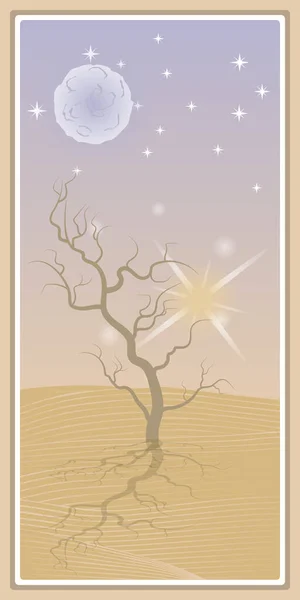 Rahmen Mit Wüste Einsamer Baum Ohne Laub Sonne Riesiger Mond — Stockvektor