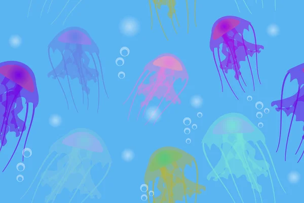 Разноцветные Светящиеся Медузы Пузырьки Воздуха Голубом Фоне Бесшовный Векторный Рисунок — стоковый вектор
