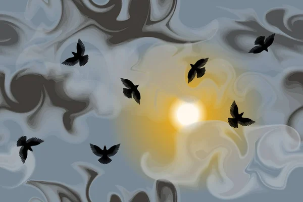 曇り空の黒い鳥の小さな群れ シームレスなベクトルパターン — ストックベクタ