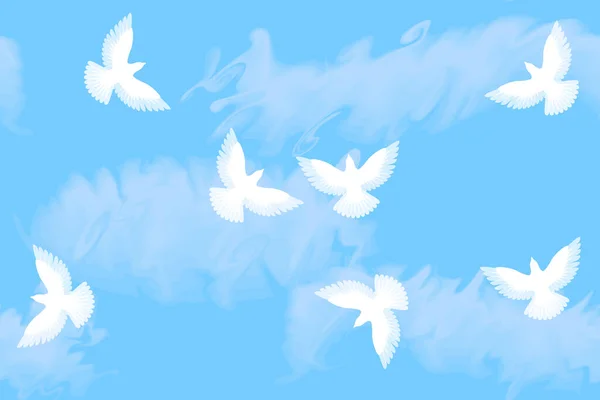 Mehrere Weiße Tauben Bewölkten Himmel Nahtloses Vektormuster — Stockvektor