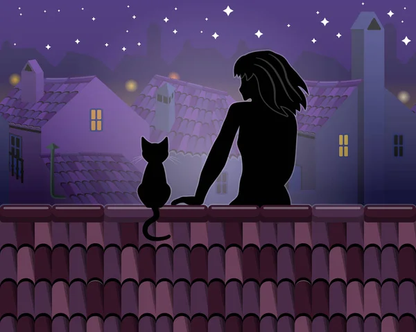 Meisje Kat Het Dak Kijken Naar Nacht Stad Vector Illustratie — Stockvector