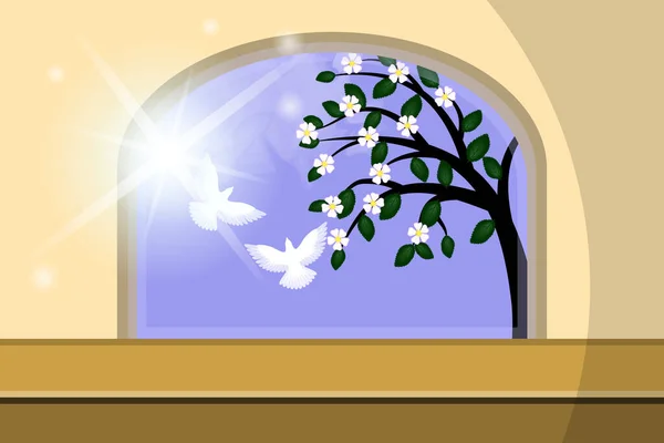 Arbre Fleurs Deux Oiseaux Blancs Des Rayons Soleil Extérieur Fenêtre — Image vectorielle