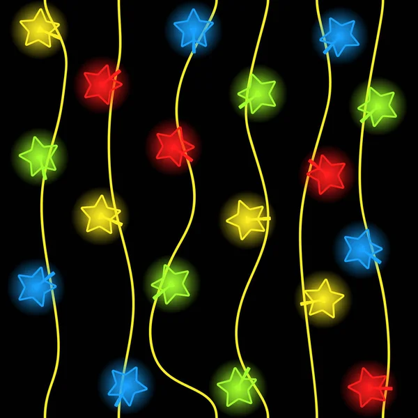 Guirlandes Verticales Ampoules Forme Étoiles Sur Fond Noir Motif Vectoriel — Image vectorielle