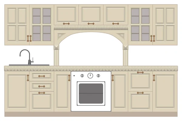 Комплект Кухонной Мебели Плитой Раковиной Векторное Изображение Белом Фоне — стоковый вектор