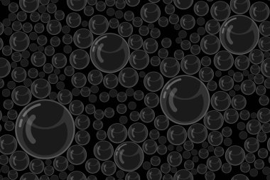 Siyah arkaplanda farklı boyutlarda şeffaf kabarcıklar, pürüzsüz vektör deseni