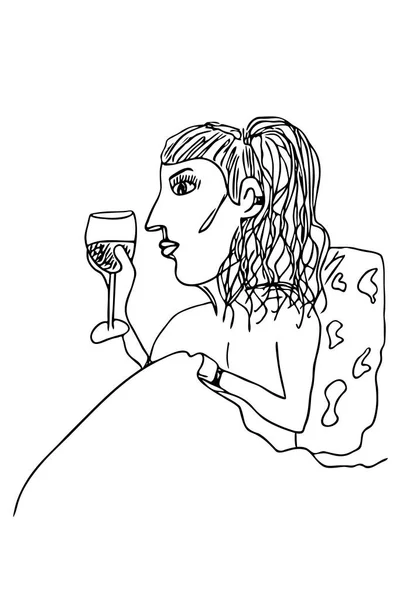 Mujer Con Copa Vino Dibujo Infantil Mano Alzada Estilo Boceto — Archivo Imágenes Vectoriales