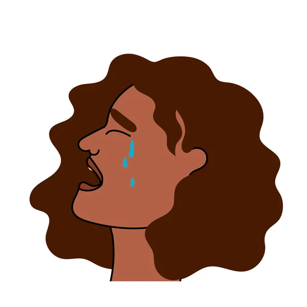 悲しいアフロ系アメリカ人女性は痛みと悲しみで泣く 少女の平らな文字をすすり泣き涙を流し 不幸と絶望の感情を表現する 隔離されたベクトル — ストックベクタ
