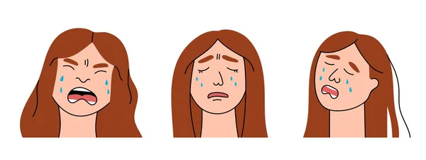 悲しい女性は痛みと悲しみで泣く 少女の平らな文字をすすり涙を流すと 不幸と絶望の感情を表現する 隔離されたベクトル — ストックベクタ