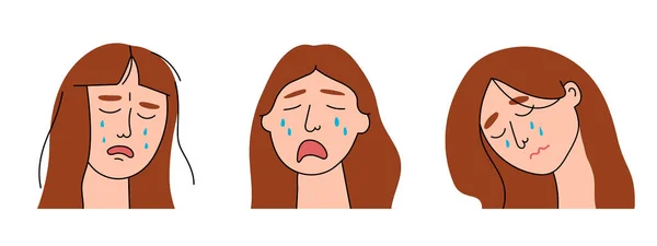 悲しい女性は痛みと悲しみで泣く 少女の平らな文字をすすり涙を流すと 不幸と絶望の感情を表現する 隔離されたベクトル — ストックベクタ