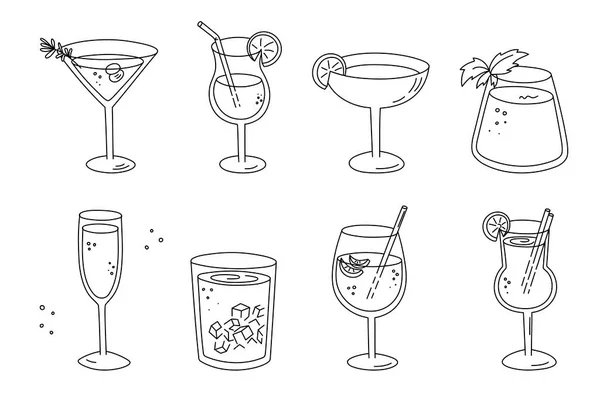 含酒精的鸡尾酒 长长的饮料庆祝节日 用于装饰设计节庆菜单 手绘涂鸦风格 可编辑的中风 独立的 — 图库矢量图片