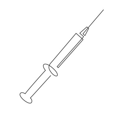 Enjeksiyonlar için şırınga, bir çizgi sanatı, sürekli çizim hatları. Coronavirus aşısı, sağlık enjeksiyonu, laboratuvar analizleri için kan örneği. Tıbbi konsept. Düzenlenebilir felç.