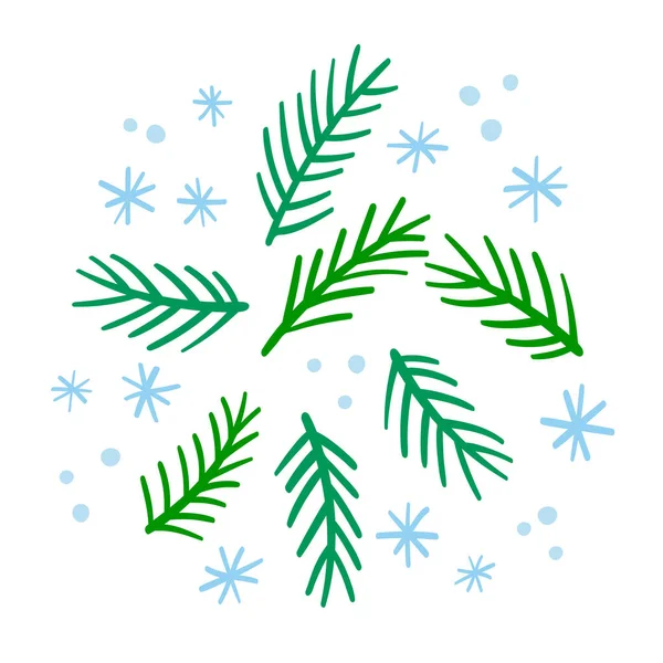 Julgran Kvistar Med Snöflingor Set Handritade Grenar Skiss Doodle Stil — Stock vektor