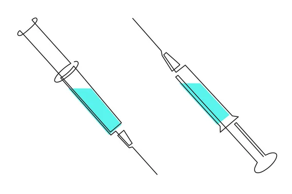 注射のための注射のための注射のためのシリンジ 一つのラインアート 継続的な描画の輪郭 コロナウイルスワクチン接種 ヘルスケア注射 研究室分析のための血液サンプリング — ストックベクタ