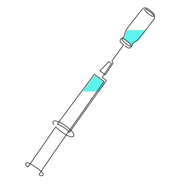 ワクチンチューブ 1つのラインアート 継続的な描画輪郭でシリンジ 物質溶液 注射のための薬の医療用量 医療の概念 治療と予防接種 — ストックベクタ