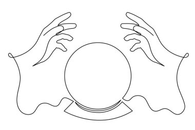 Hands hold divination crystal ball one line art, hand drawn magiv fortune telling continuous contour. Occult concept.Minimalistic art drawing. Editable stroke. Isolated.Vector clipart