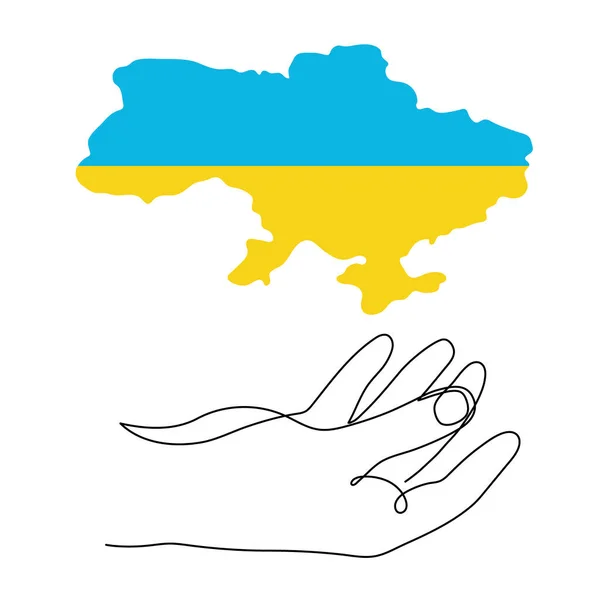 手の独立性の連続輪郭の国の青黄色の記号を描いたウクライナの地図アウトライン1行の芸術を保持しています 平和と自由の最小限のシンボル アートドローイング 編集可能なストローク — ストックベクタ