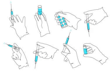 Tıbbi set. Eldivenli eller şırınga, test tüpü ve hap, tek çizgi çizimi, sürekli çizim konumu. Coronavirus aşısı, sağlık enjeksiyonu, laboratuvar analizi, madde çözeltisi..