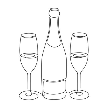 Hand drawn champagne bottle and glasses one line art,continuous drawing contour.Festive decoration for holidays,romantic design for Valentine's Day.Editable stroke. Isolated.