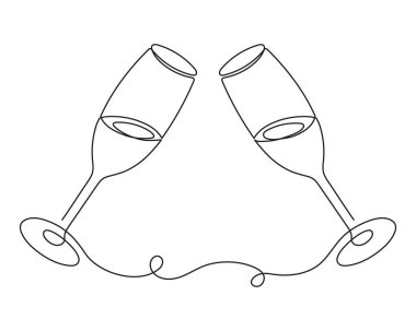 Hand drawn champagne clinking glasses one line art,continuous drawing contour.Cheers toast festive decoration for holidays,romantic design for Valentine's Day.Editable stroke. Isolated