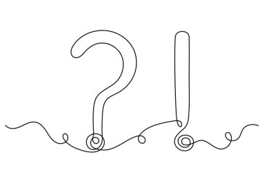 Question and exclamation marks one line art, hand drawn asking and admiration signs, continuous contour. Query FAQ concept, finding the answer. Editable stroke. Isolated. Vector
