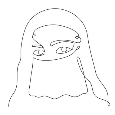 Eastern woman in hijab and veil, one line art, hand drawn oriental arab girl dressed in chador continuous contour.Traditional ethnic clothing.Editable stroke. Isolated.Vector
