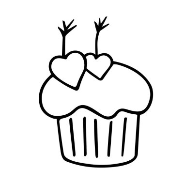 Cupcake with hearts, hand-drawn doodle romantic baking. Love feelings,festive design Valentine's Day, drawing by ink, pen,marker.Isolated.