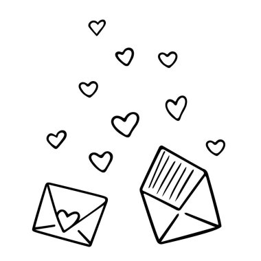 Envelope with hearts, hand-drawn doodle romantic letter. Love feelings,festive design Valentine's Day, drawing by ink, pen,marker.Isolated.