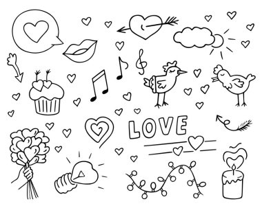 Love doodle set, hand-drawn romantic design elements. Passionate feelings,festive decoration for Valentine's Day, drawing by ink, pen,marker.Isolated.