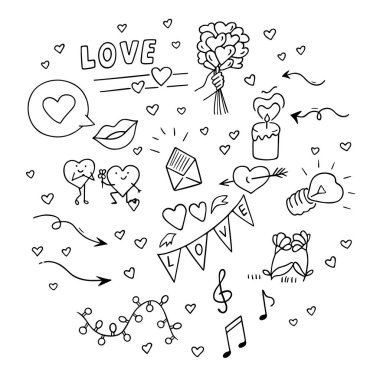 Love doodle set, hand-drawn romantic design elements. Passionate feelings,festive decoration for Valentine's Day, drawing by ink, pen,marker.Isolated.