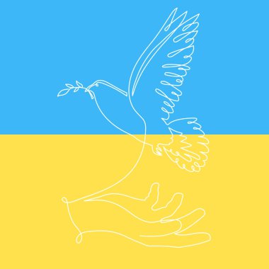 Hand holds peace dove with olive branch, one line art continuous contour. Ukraine flag sign of independence.Editable stroke. Isolated.Vector