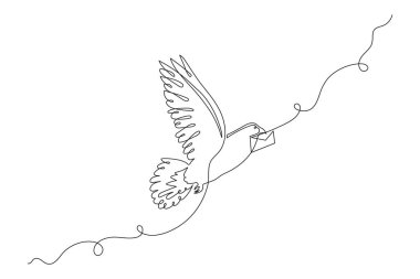 Homing-pigeon carries letter, one line art continuous contour. Hand drawn dove with message, doodle bird correspondence concept.Editable stroke.Isolated. Vector