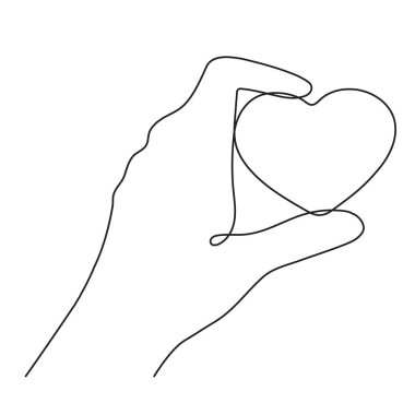 Hand with heart one line art,love concept continuous contour drawing,hand-drawn Valentine's day decoration.Romance, engagement and marriage symbol. Editable stroke.Isolated. Vector