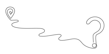 Pointing location with question mark at map one line art,hand drawn asking way sign,destination continuous contour, template finding direction, gps navigation concept.Editable stroke.Isolated.Vector