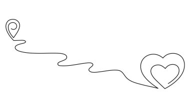 Pointing location with hearts at map one line art,hand drawn way destination continuous contour with romantic symbol for February 14,direction gps navigation concept.Editable stroke.Isolated