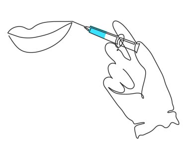 Beauty shot in lips, gloved hands holding syringe,one line art,continuous drawing contour.Treatment making mouth plump.Medical concept,injection botox dose.Editable stroke. Vector