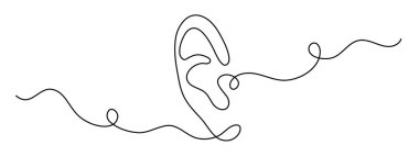 Ear one-line art, hand drawn hearing sensor feelings continuous contour, body part. World deaf day decoration, simple design. Editable stroke. Isolated.Vector
